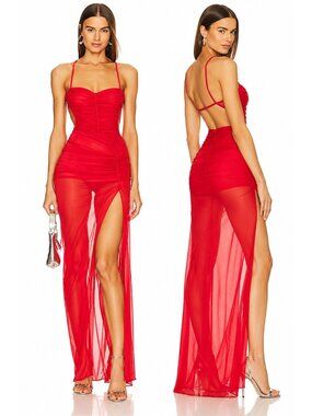 Michael Costello x REVOLVE Women's Red Ruched Mesh Maxi Dress XXS